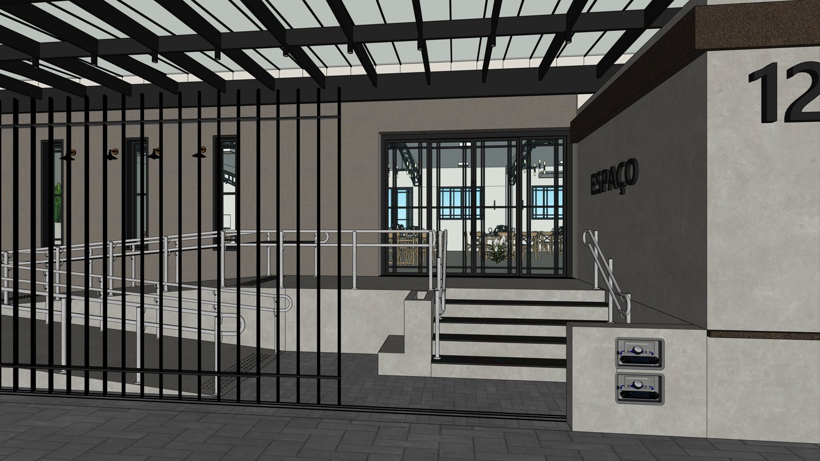 Modelo 3D de la entrada con rampa accesible, escalera, reja y pérgola