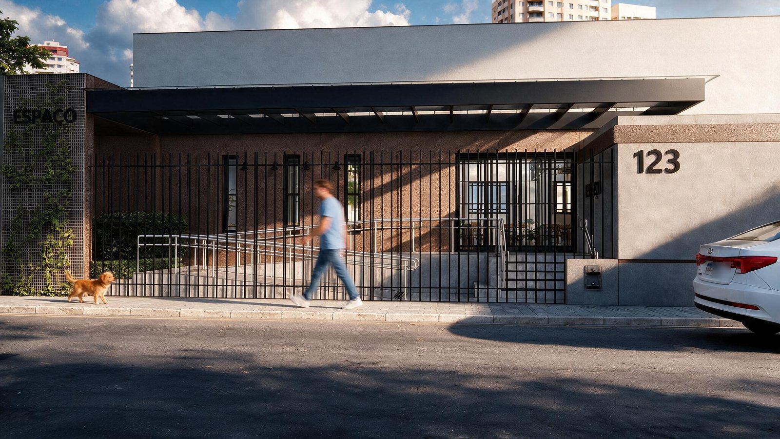 Render de la fachada con reja, rampa, pérgola metálica y acceso al salón