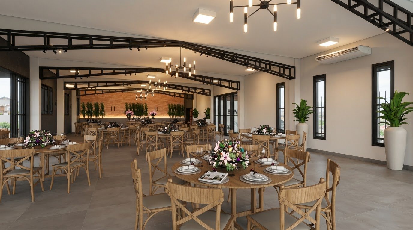 Interior del salón con estructura metálica negra, lámparas, mesas redondas y pared de ladrillo al fondo
