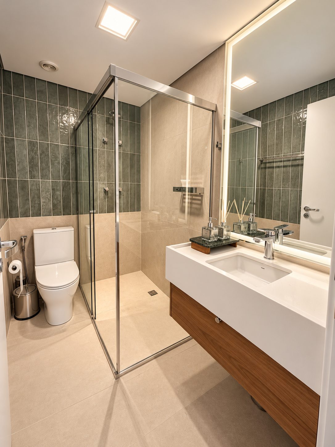 Baño con ducha de vidrio, revestimiento verde vertical, mueble flotante de madera y espejo retroiluminado