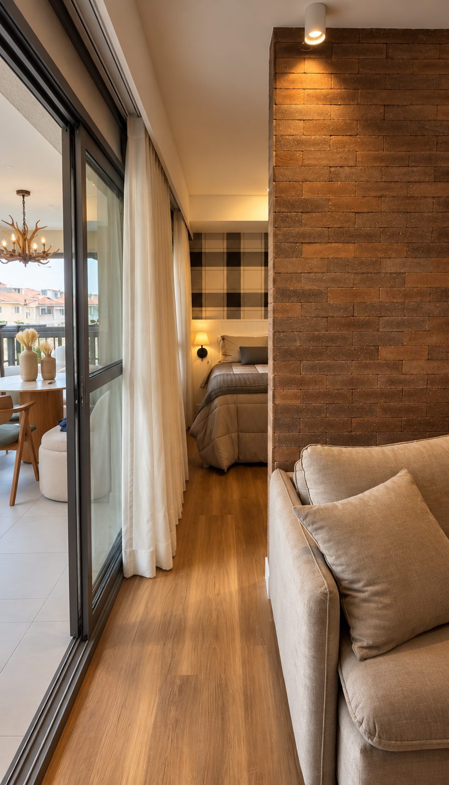 Pared de ladrillo con vista a través de la puerta corrediza hacia el dormitorio y el balcón