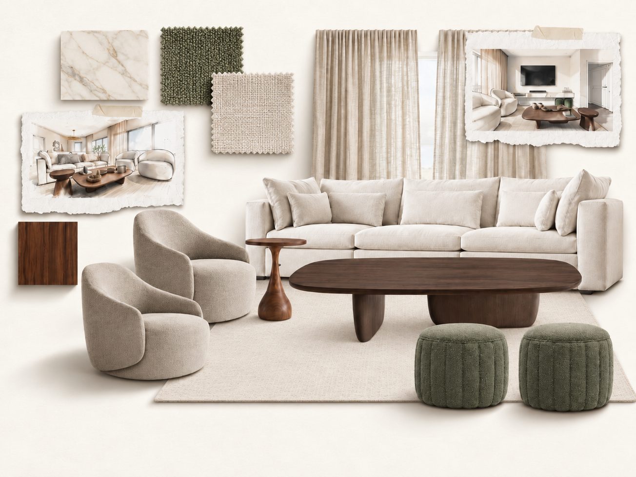 Moodboard de la sala con materiales y mobiliario