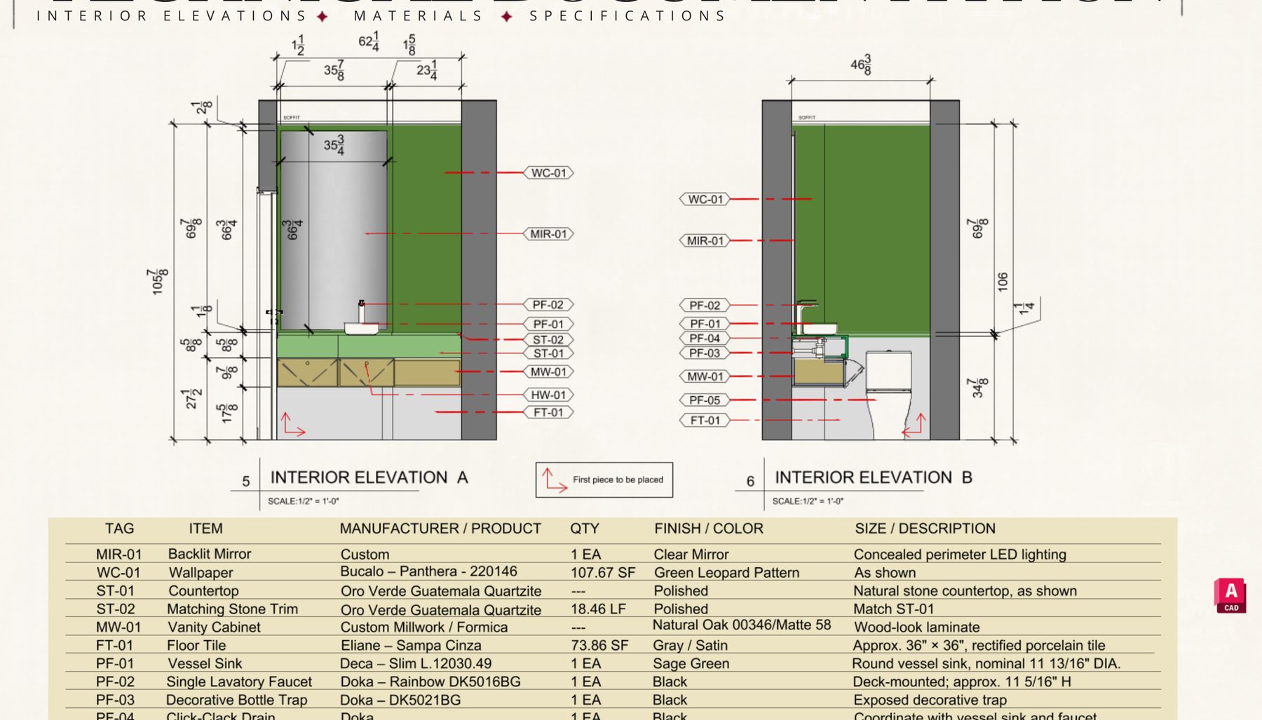 Alzados interiores con cuadro de materiales y especificaciones