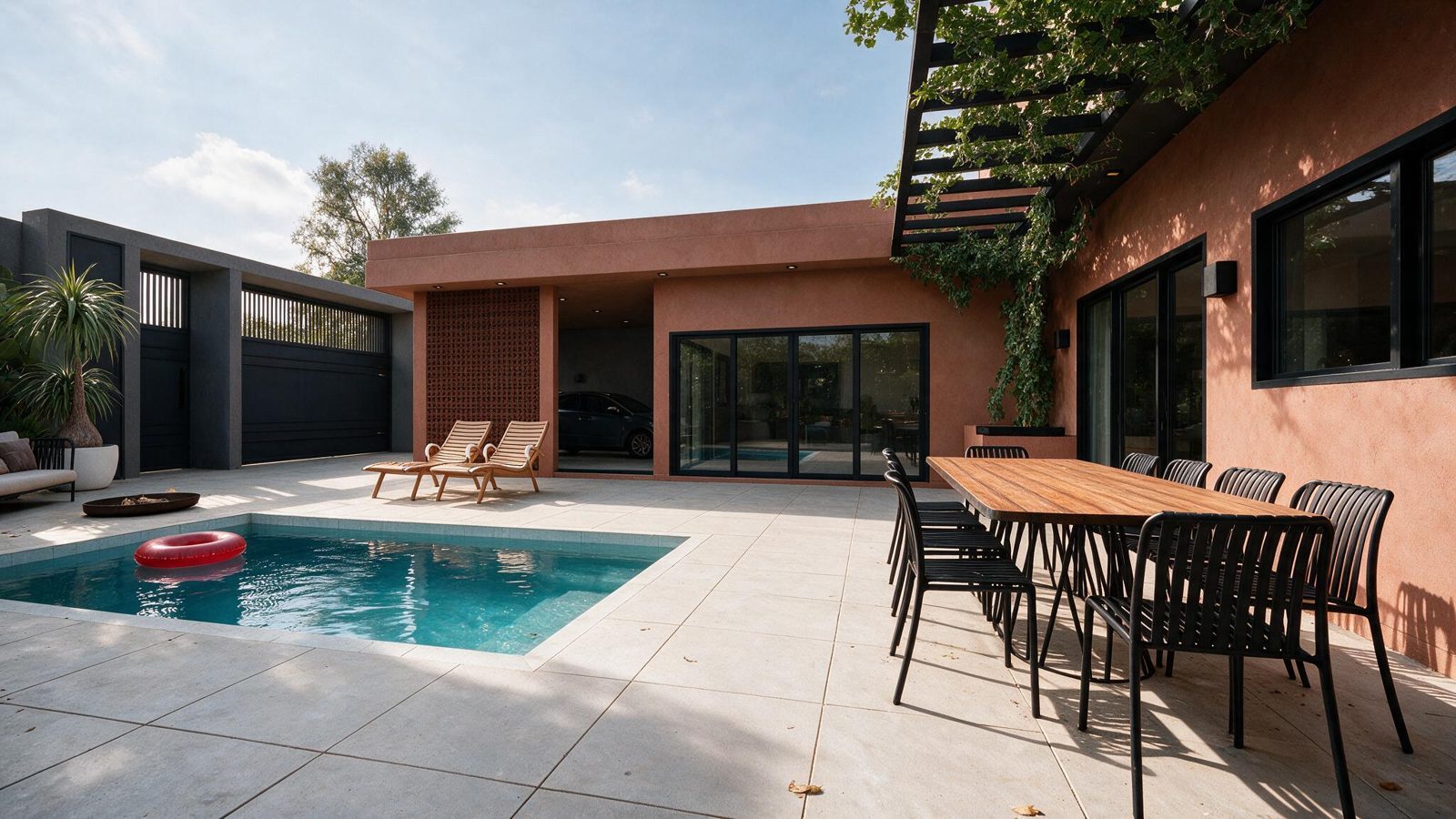 Patio con piscina, tumbonas, comedor exterior y fachada en tono terracota con pérgola y enredadera