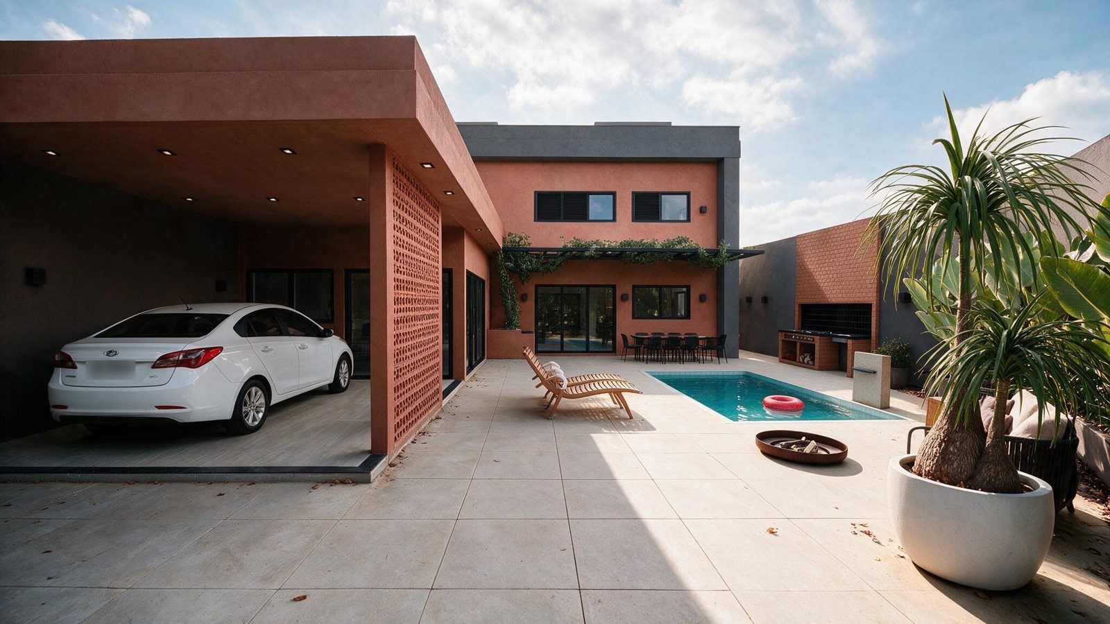 Garaje cubierto con cobogó cerámico, patio con piscina y área gourmet al fondo