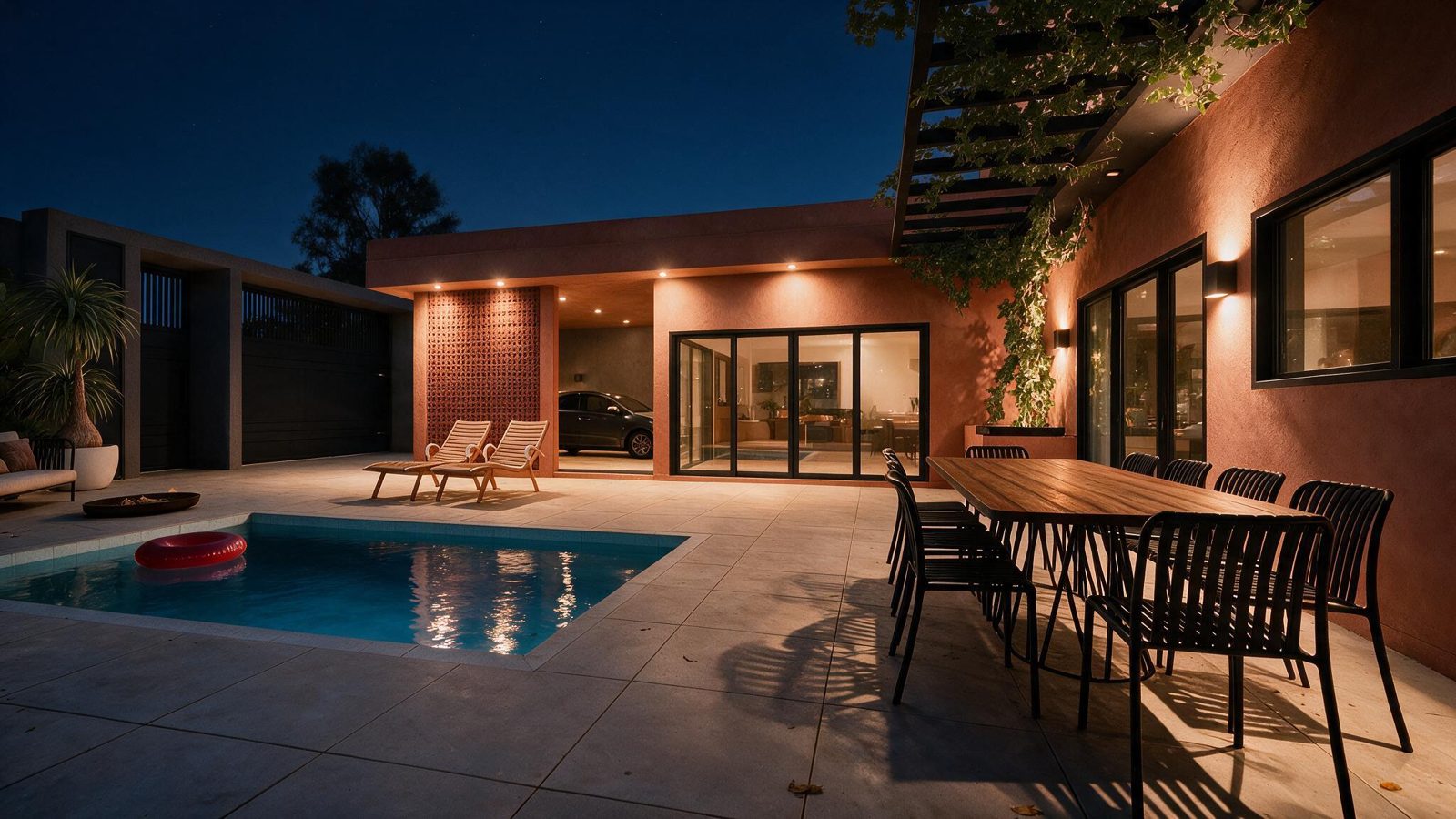 El mismo patio de noche con iluminación cálida, apliques y fachada terracota