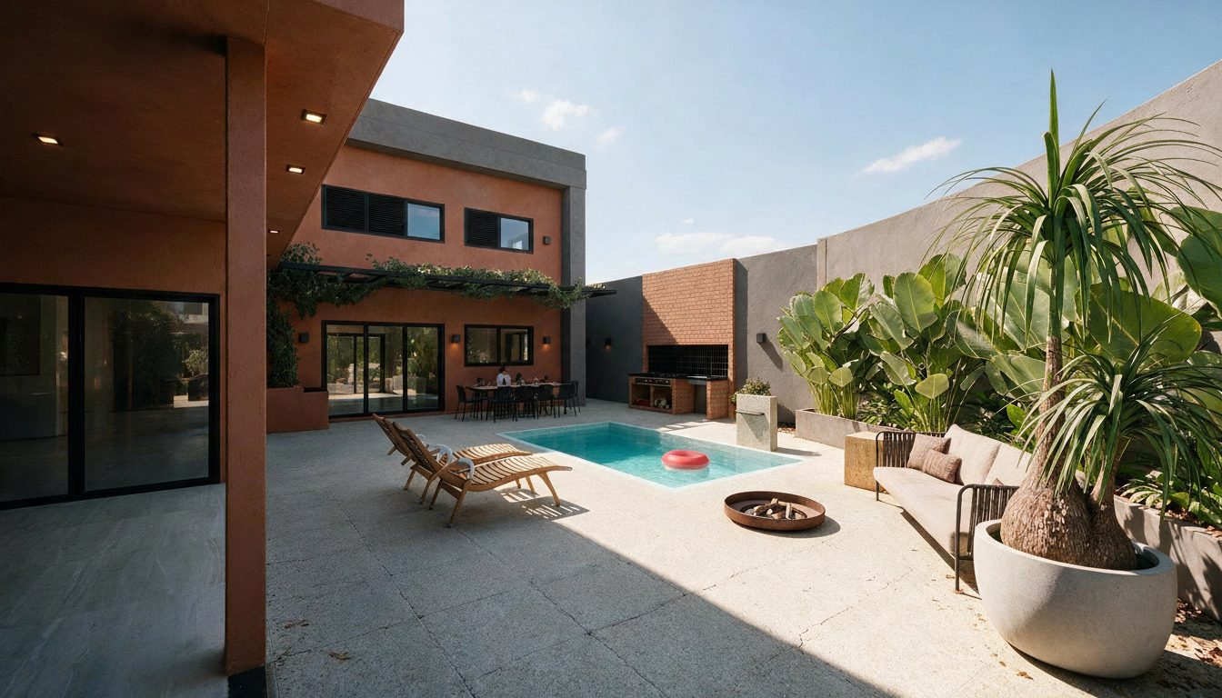 Vista del patio con piscina, churrasquera de ladrillo, jardín y fachada de dos plantas
